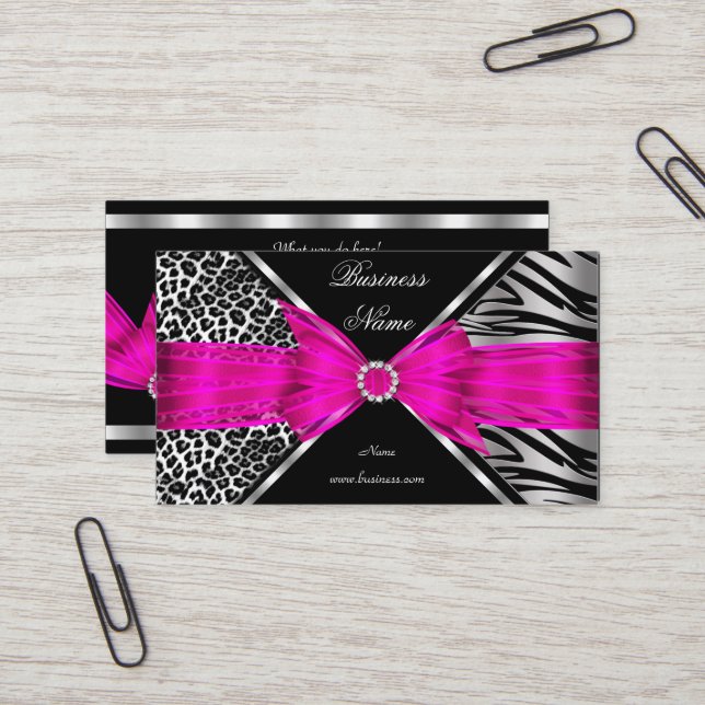 Elegant Zebra Leopard Black Hot pink 2 Business Card (Front/Back In Situ)
