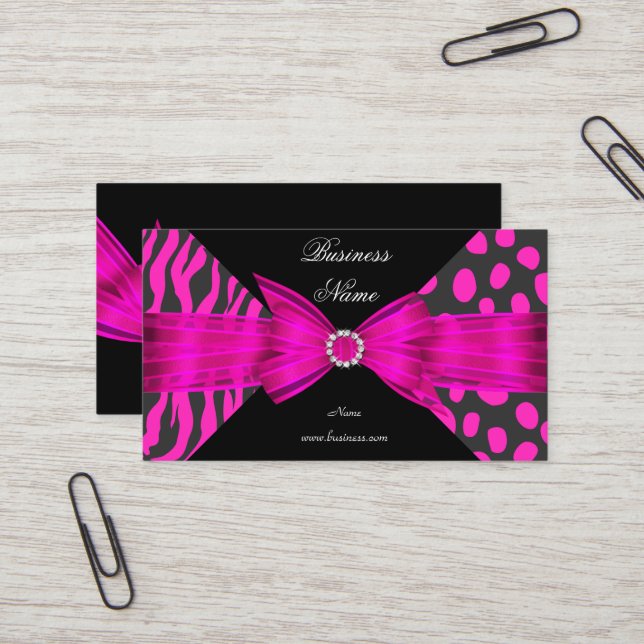 Elegant Zebra Leopard Black Hot pink Business Card (Front/Back In Situ)