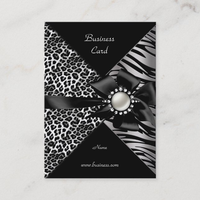 Elegant Zebra Leopard Black Silver Bow Diamond Business Card (Front)