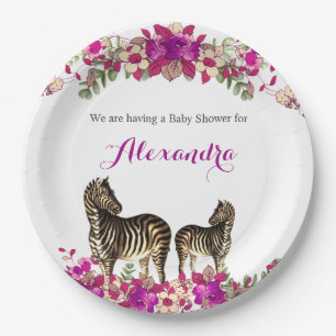 Elegant Zebra Pink Floral Baby Shower Party Paper Plate