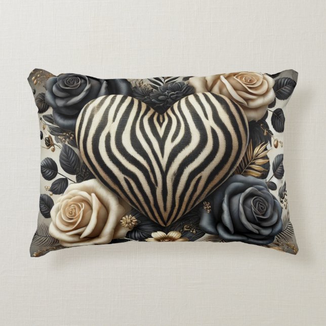 Elegant Zebra Print Heart & Roses Decorative Cushion (Front)