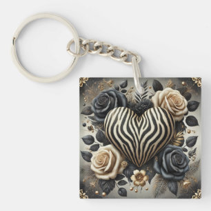 Elegant Zebra Print Heart & Roses Key Ring