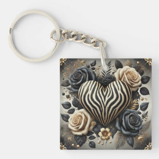 Elegant Zebra Print Heart & Roses Key Ring