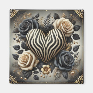 Elegant Zebra Print Heart & Roses Magnet