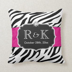 Elegant Zebra Print Hot Pink Wedding Initials Date Cushion