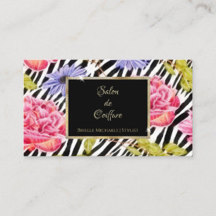 Elegant Zebra Print Pink Floral Gold Frame Salon Business Card