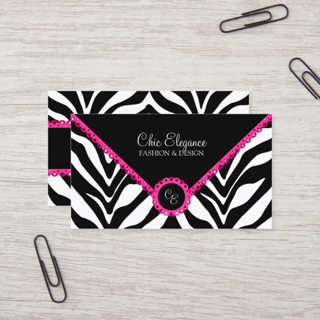 Elegant Zebra Print & Pink Lace Business Card (Front/Back In Situ)