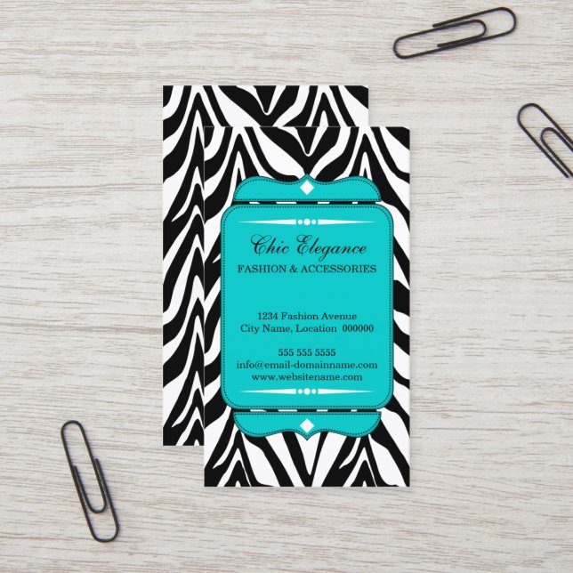Elegant Zebra Print Turquoise Business Card (Front/Back In Situ)