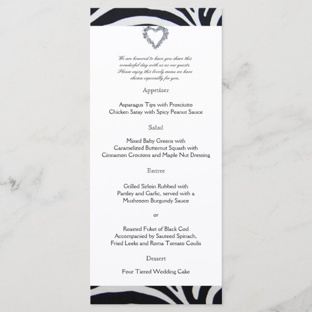Elegant Zebra Stripe Wedding Menu (Front)