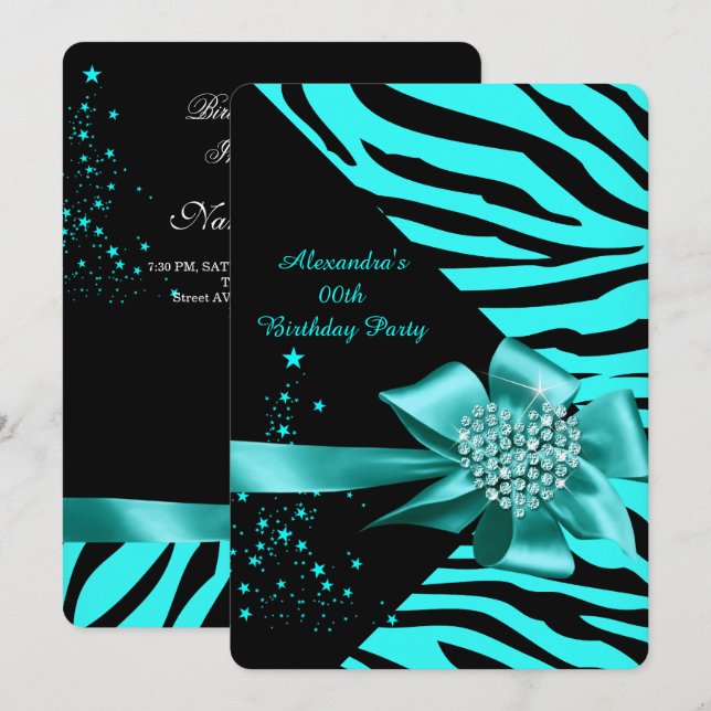 Elegant Zebra Teal Silver Heart Jewel Birthday Invitation (Front/Back)