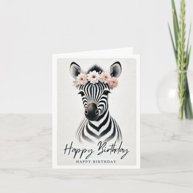Elegant Zebra with Flower Crown Birthday Card (Front)