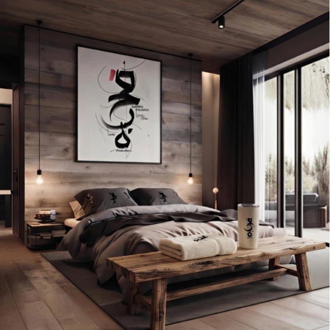 elegant zen shodo calligraphy monogram  cushion (Elegant minimalist Arabic calligraphy cushion for a wabi-sabi bedroom aesthetic)