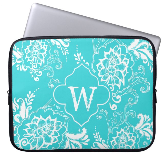 Elegantaqua blue decorative floral monogram laptop sleeve (Front)