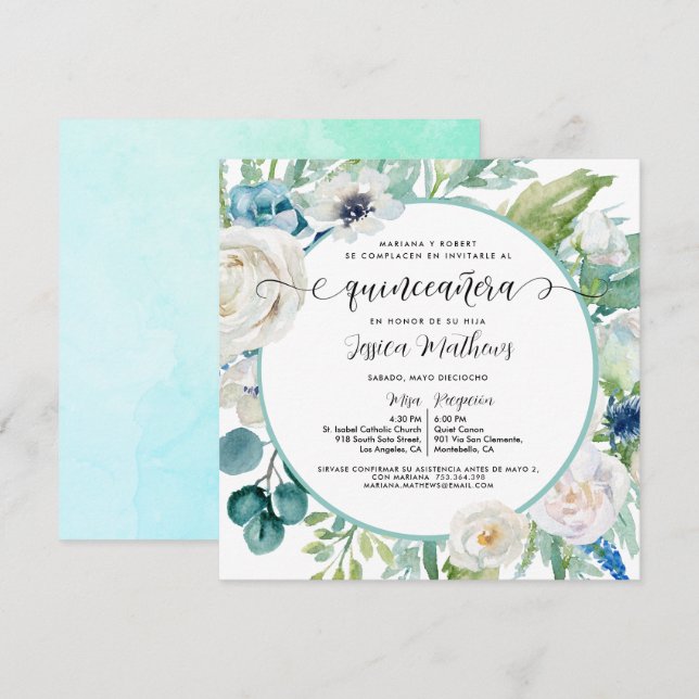 Elegante Aqua Turquesa Quinceañera Floral Invitation (Front/Back)