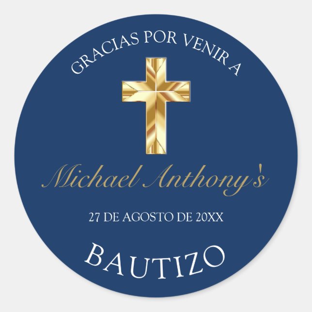 Elegante Bautismo de Bebé Azul Dorado Gracias Classic Round Sticker (Front)