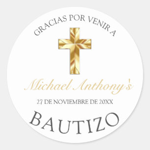 Elegante Bautismo de Bebé Blanco y Dorado Gracias Classic Round Sticker