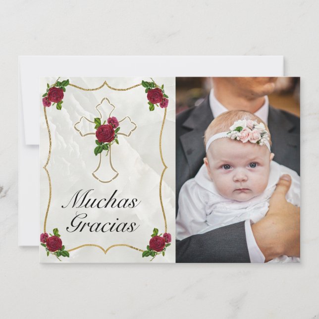 Elegante Bautismo de Bebé de Oro Rosa Rojo Gracias Thank You Card (Front)