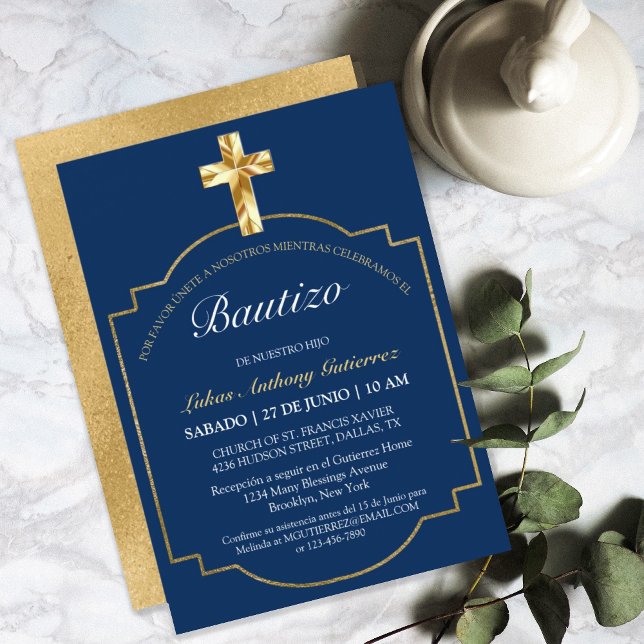 Elegante Bautismo de Niños Con Cruz Dorada Azul Ma Invitation (Creator Uploaded)