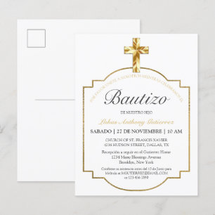 Elegante Bautismo de Niños Con Cruz Dorada Invitation Postcard