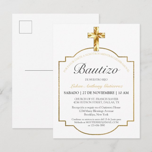 Elegante Bautismo de Niños Con Cruz Dorada  Invitation Postcard (Front/Back)