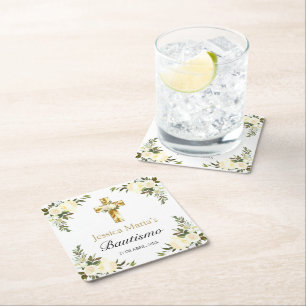 Elegante Bautismo Floral Blanco Square Paper Coaster