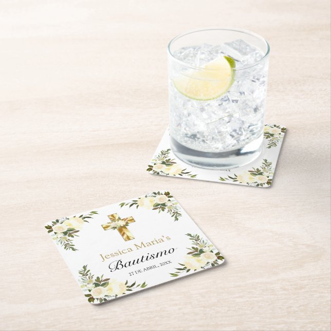Elegante Bautismo Floral Blanco    Square Paper Coaster (Insitu)
