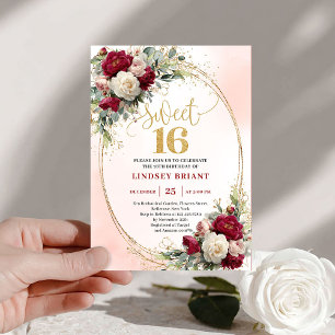 Elegante Borgoña Oro Floral Invitación Dulce 16 Invitation