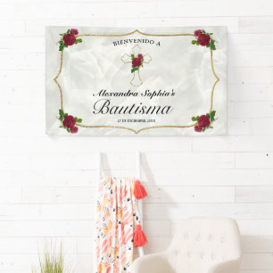 Elegante Cruz Dorada Rosas Rojas Niñas Bautismo Banner