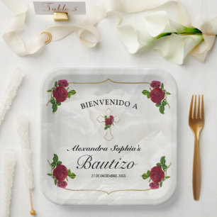 Elegante Cruz Dorada Rosas Rojas Niñas Bautizo Paper Plate