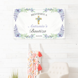 Elegante cruz floral de oro de lavanda bienvenido banner