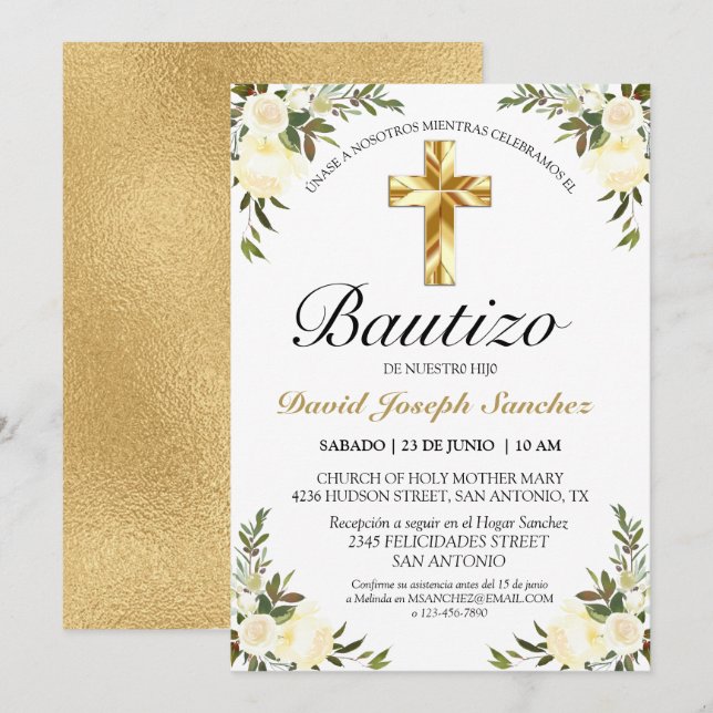 Elegante Floral Bautizo Amarillo Bebé Invitation (Front/Back)