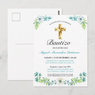 Elegante Flores y Cruz Para Niño Bautizo Invitatio Postcard