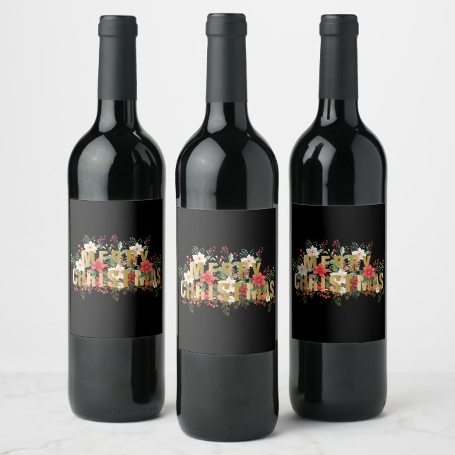 Elegante Gold Typography Merry Christmas  Wine Label (Bottles)