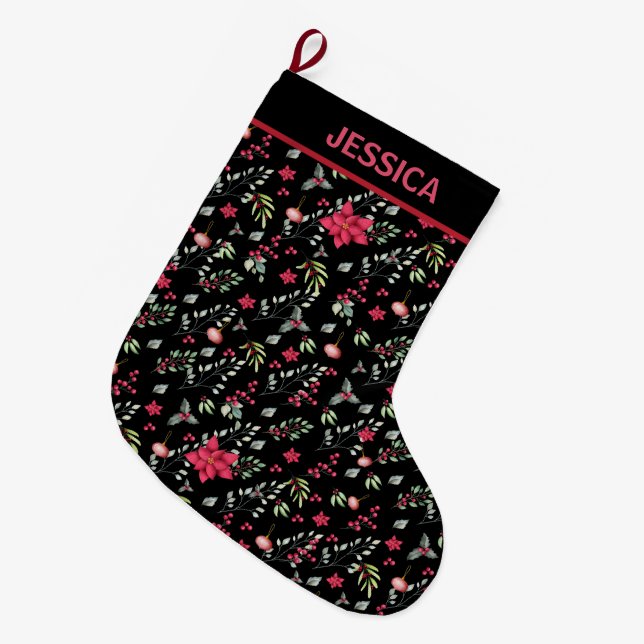 Elegante Green Gold Leaves And Red Holly Berries Large Christmas Stocking (Front (Hanging))