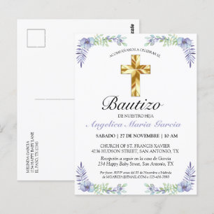 Elegante Lavanda Cruz De Oro Bautizo Bebé Invitati Postcard