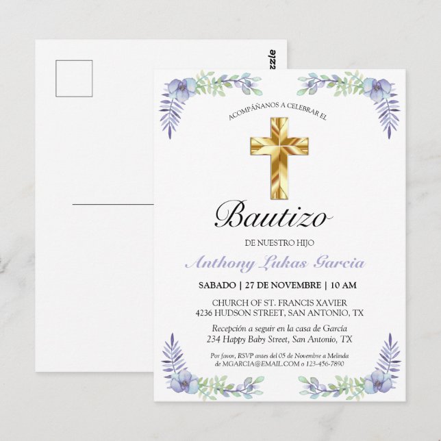 Elegante Lavanda Cruz De Oro Bautizo Invitación Postcard (Front/Back)
