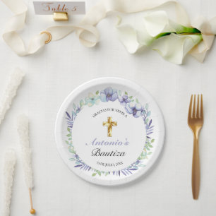Elegante Lavanda Cruz De Oro Bautizo Paper Plate