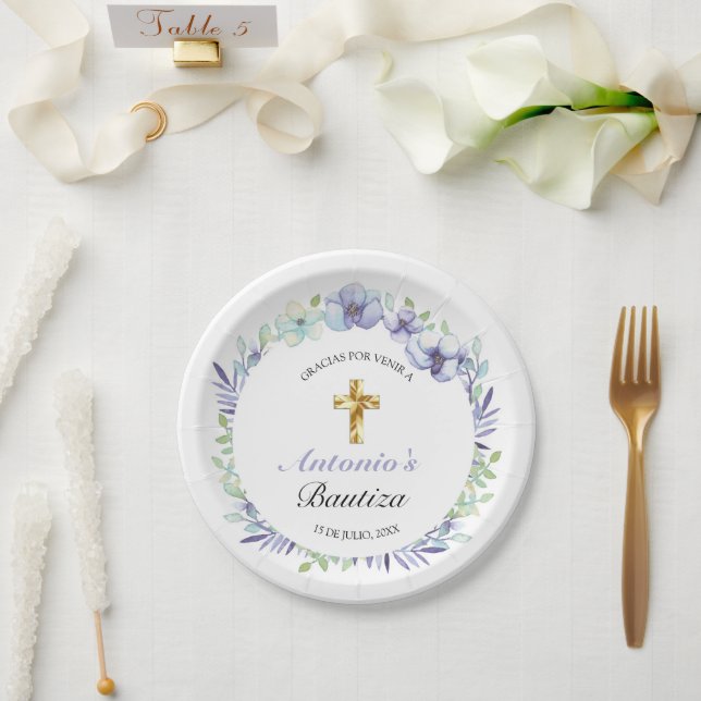 Elegante Lavanda Cruz De Oro Bautizo Paper Plate (Wedding)