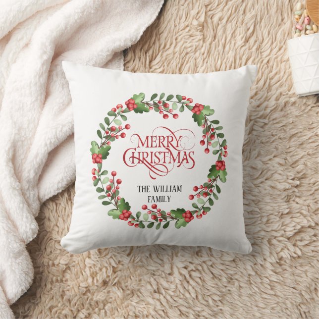 Elegante Modern Wreath and Script Merry Christmas Cushion (Blanket)