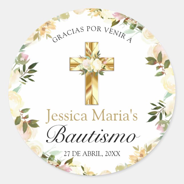 Elegante Pastel Bautizo Amarillo Bebé Classic Round Sticker (Front)