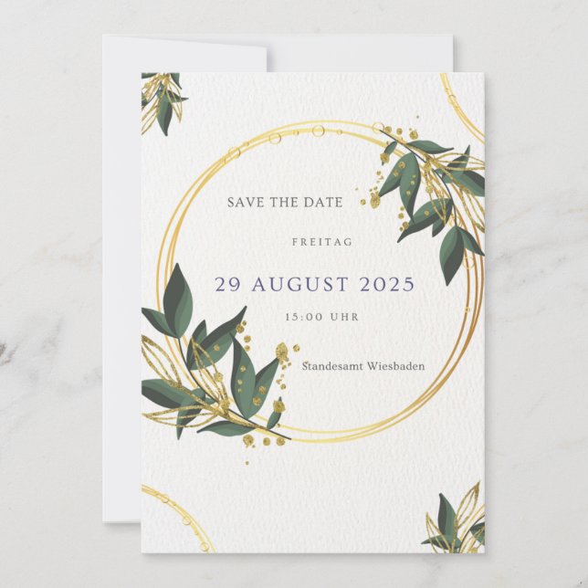 Elegante Save the Date Map - Gold & Green Invitation (Front)