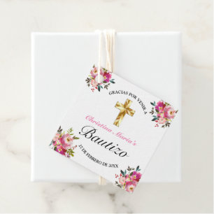 Elegante Tinta Floral Bautizo Cruz De Oro Favour Tags