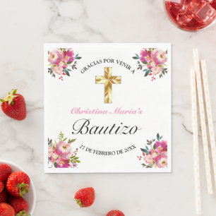 Elegante Tinta Floral Bautizo Cruz De Oro Napkin
