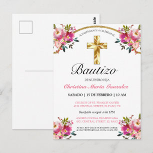 Elegante Tinta Floral Bautizo Cruz De Oro Postcard