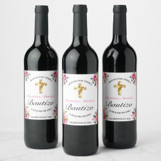 Elegante Tinta Floral Bautizo Cruz De Oro Wine Label