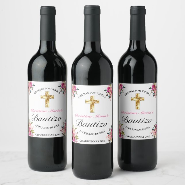 Elegante Tinta Floral Bautizo Cruz De Oro  Wine Label (Bottles)