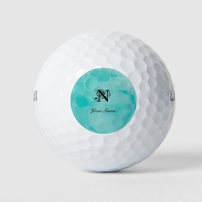 Elegante Turquoise Watercolor Monogram Golf Balls (Front)