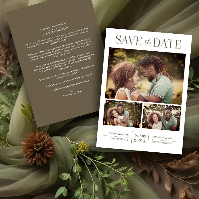 Elegante y simple Boda de fotos de 3 Personalizado (Simple Elegant Modern 3 Custom Photos Wedding Save the Date Card.)