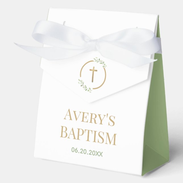 ElegantGold Cross Watercolor Green Wreath Baptism Favour Box (Front)