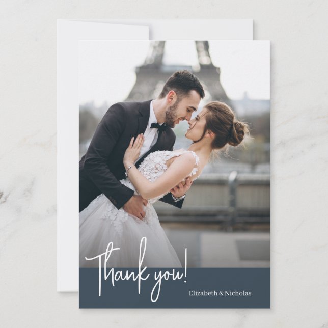 Elegantly Chic Modern Navy Blue Wedding Thank You Card (Front)